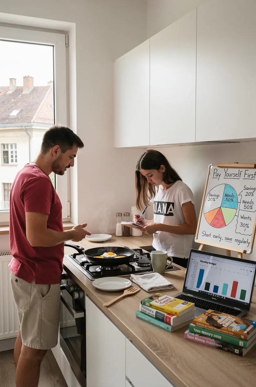 Pénzügyi tervezéshez szükséges eszközök asztalon, jegyzetfüzet és kalkulátor látható.